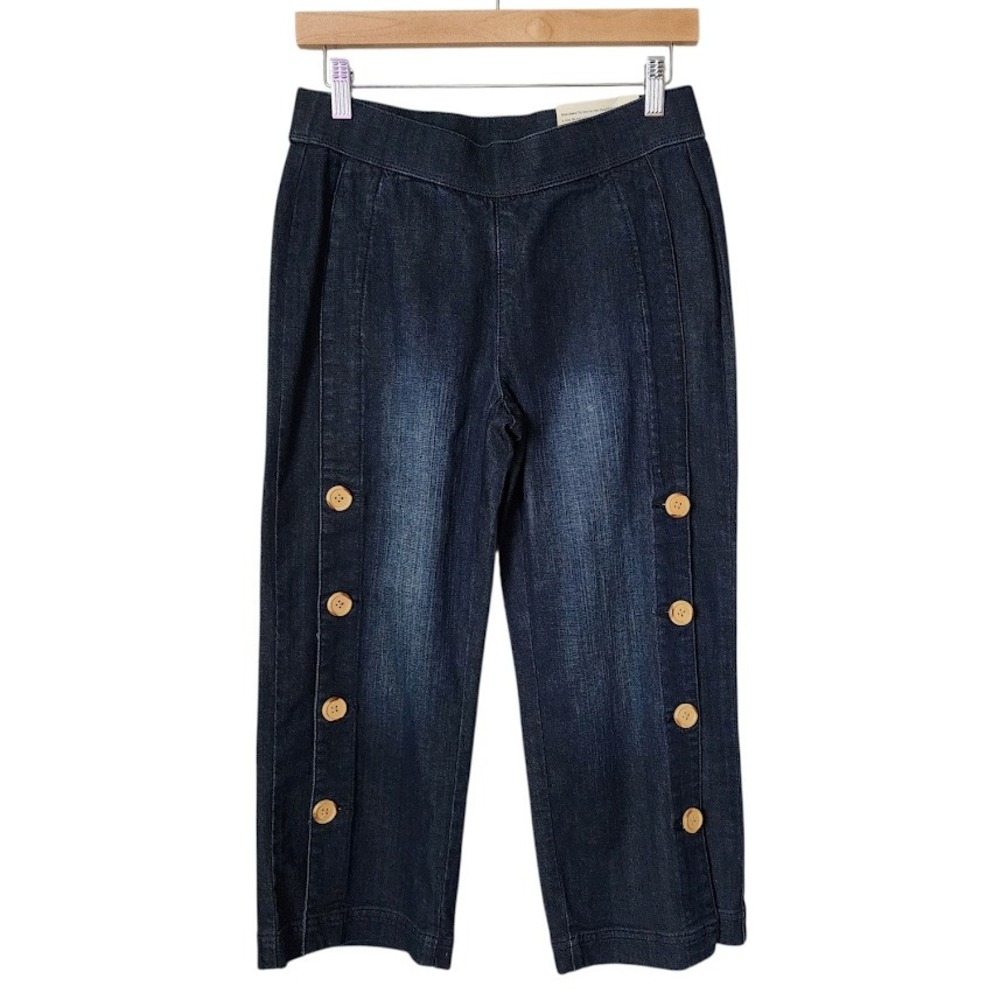 SOFT SURROUNDINGS Wide Leg Crop‎ Denim Jeans Button Hem Dark Wash PXS NWT